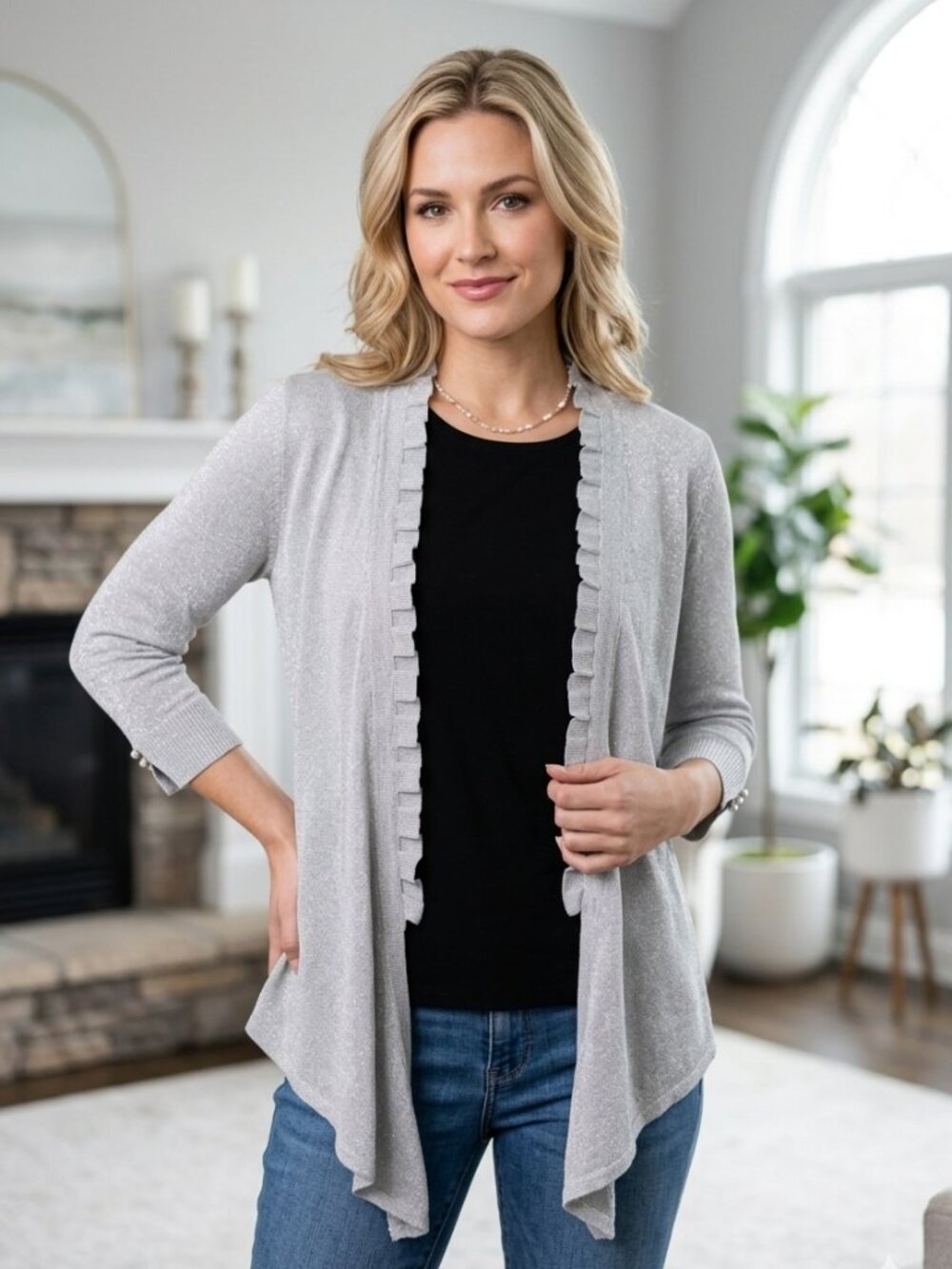 White House Black Market Silver Metallic Waterfall Cardigan Size S Ruffle Trim